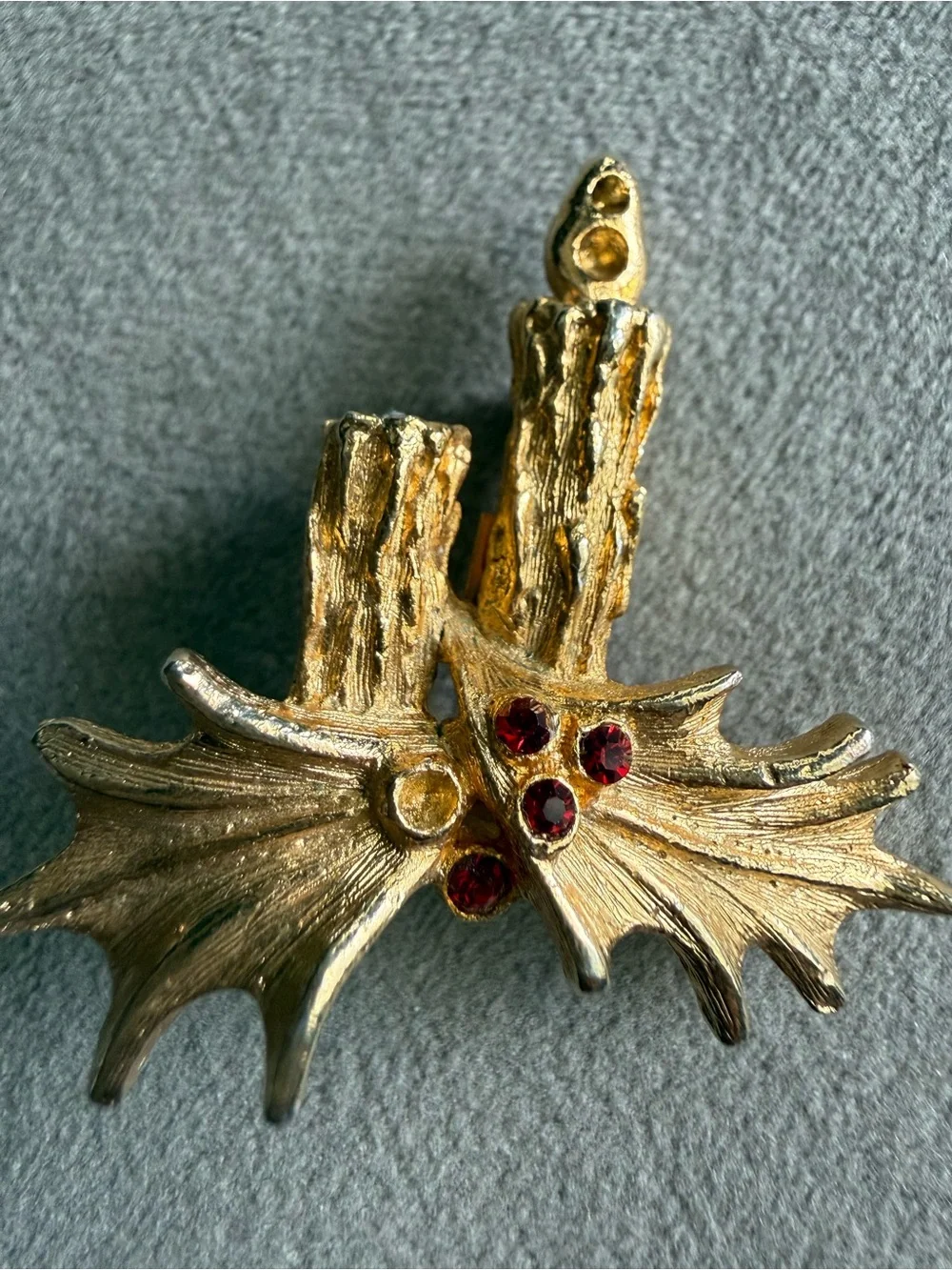 Gold-Tone Holly Leaf Brooch with Red Rhinestones